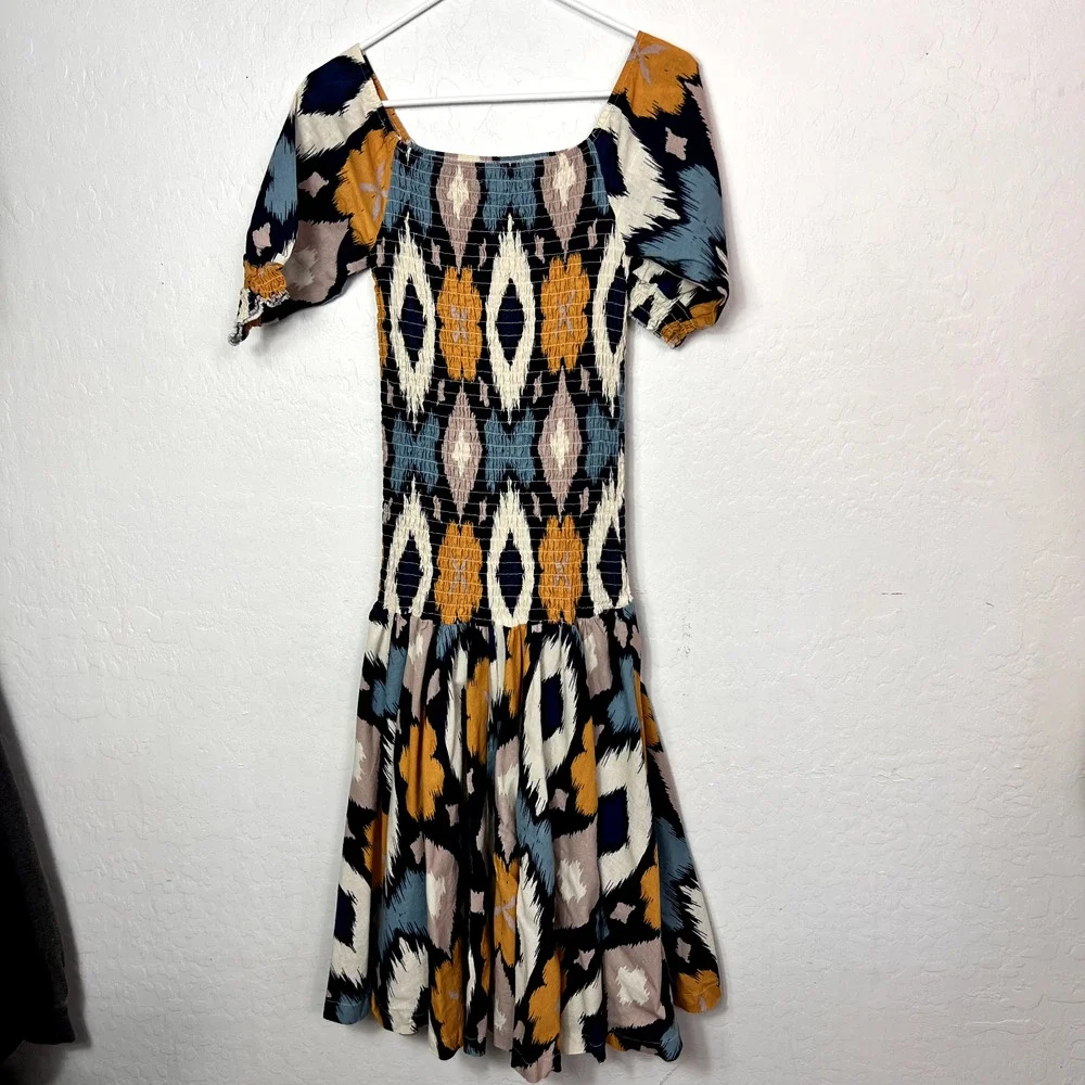 Midnight Velvet Dress Women M Blue Geometric Summer Vacation Cruise Smocked Midi